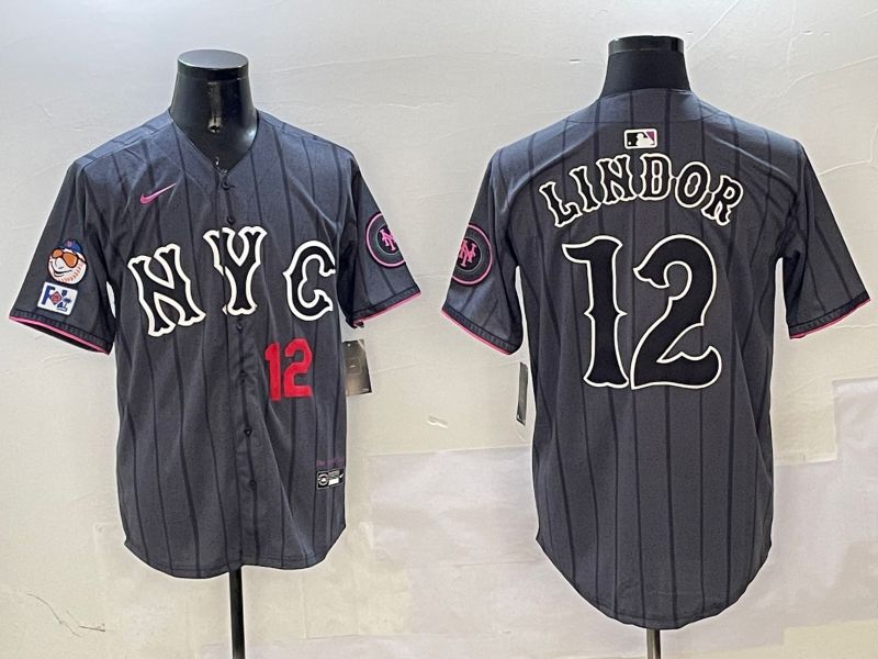 Men New York Mets #12 Lindor Black City Edition 2025 Nike MLB Jersey style 5